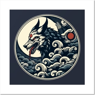 Blue wolf in clouds japanese art Posters and Art